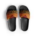 Black slide Loria NYC Art sandals with colorful band design on a white background
