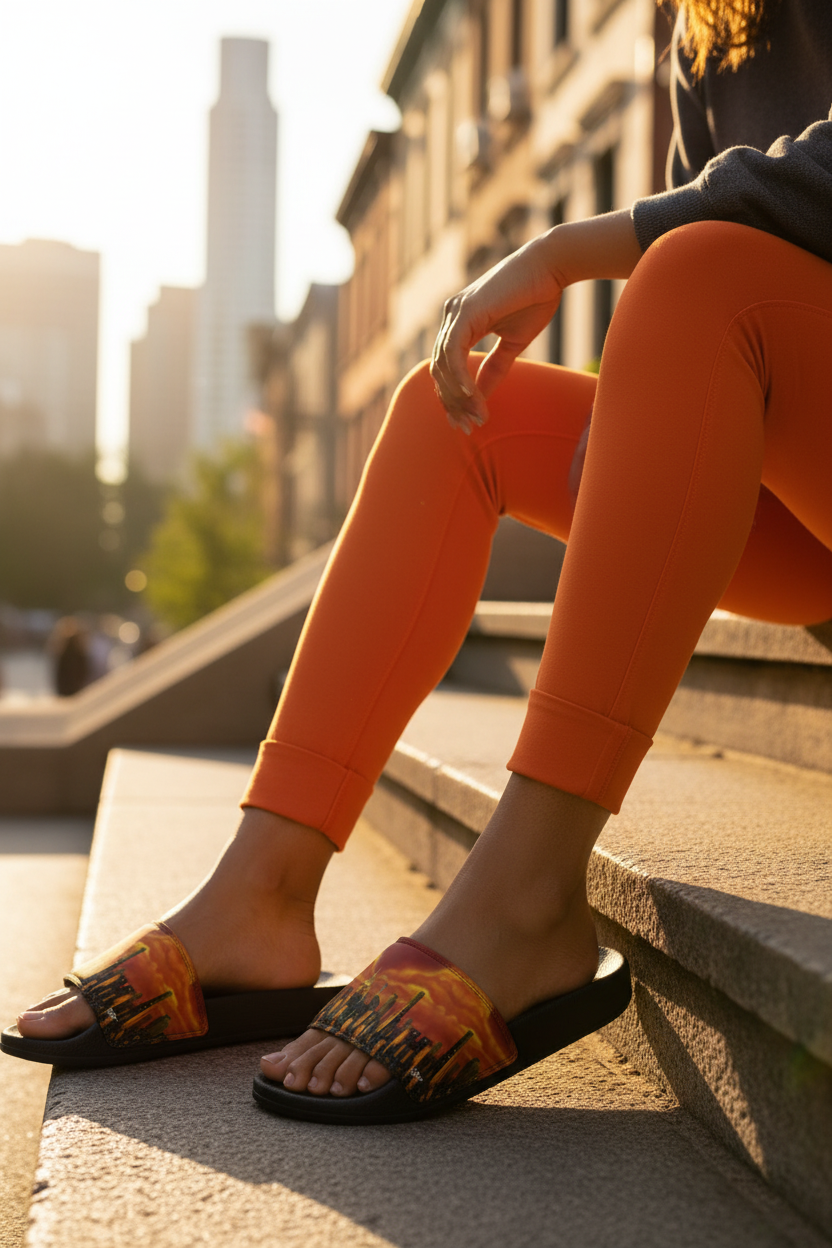 Person wearing orange pants and  sandals with a Loria NYC Art cityscape design sitting on a stoop.