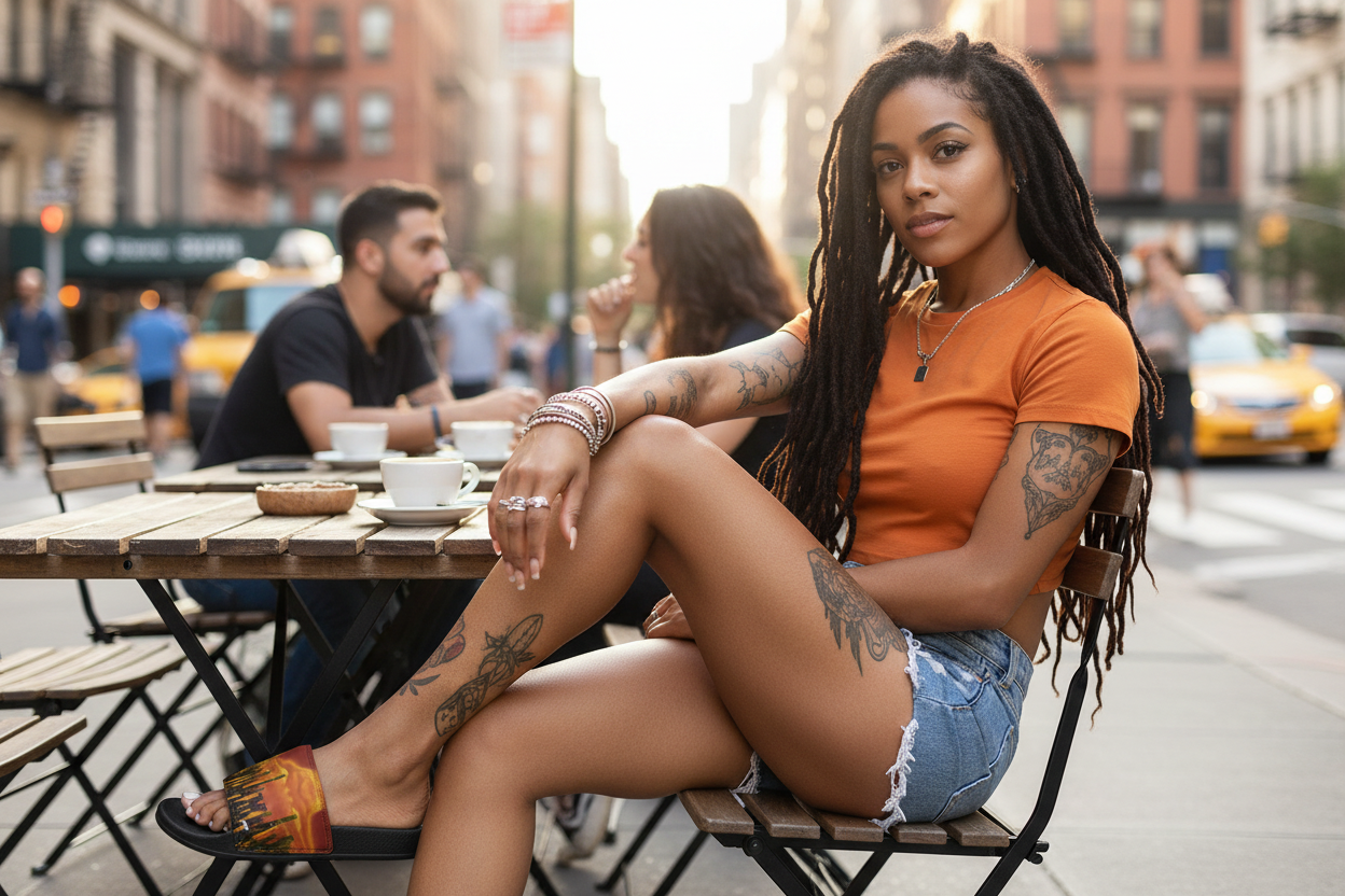 Woman wearing Loria NYC Art orange slides sitting at an outdoor cafe table in a city street.