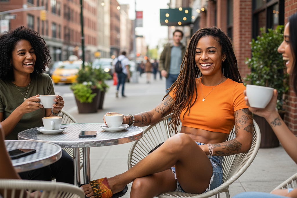 Women wearing orange Loria NYC Art slides sitting at an outdoor cafe table enjoying coffee in a city street setting.