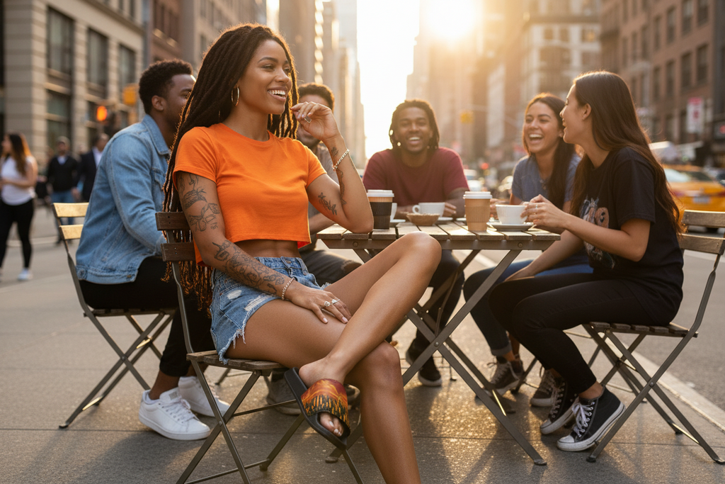 Girl wearing orange Loria NYC Art slides sitting at a street-side table in an urban setting, enjoying drinks and conversation.