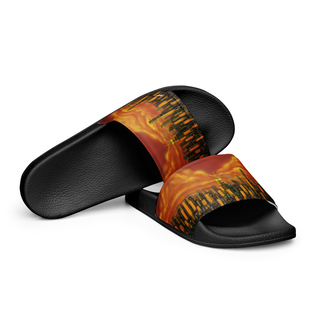 Black slides with fiery Loria NYC Art design on a white background