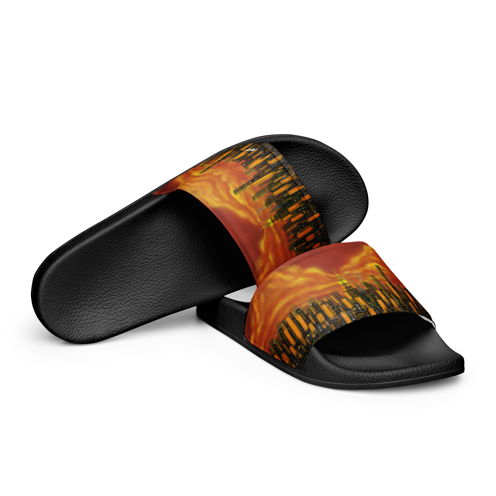 Black slides with fiery Loria NYC Art design on a white background