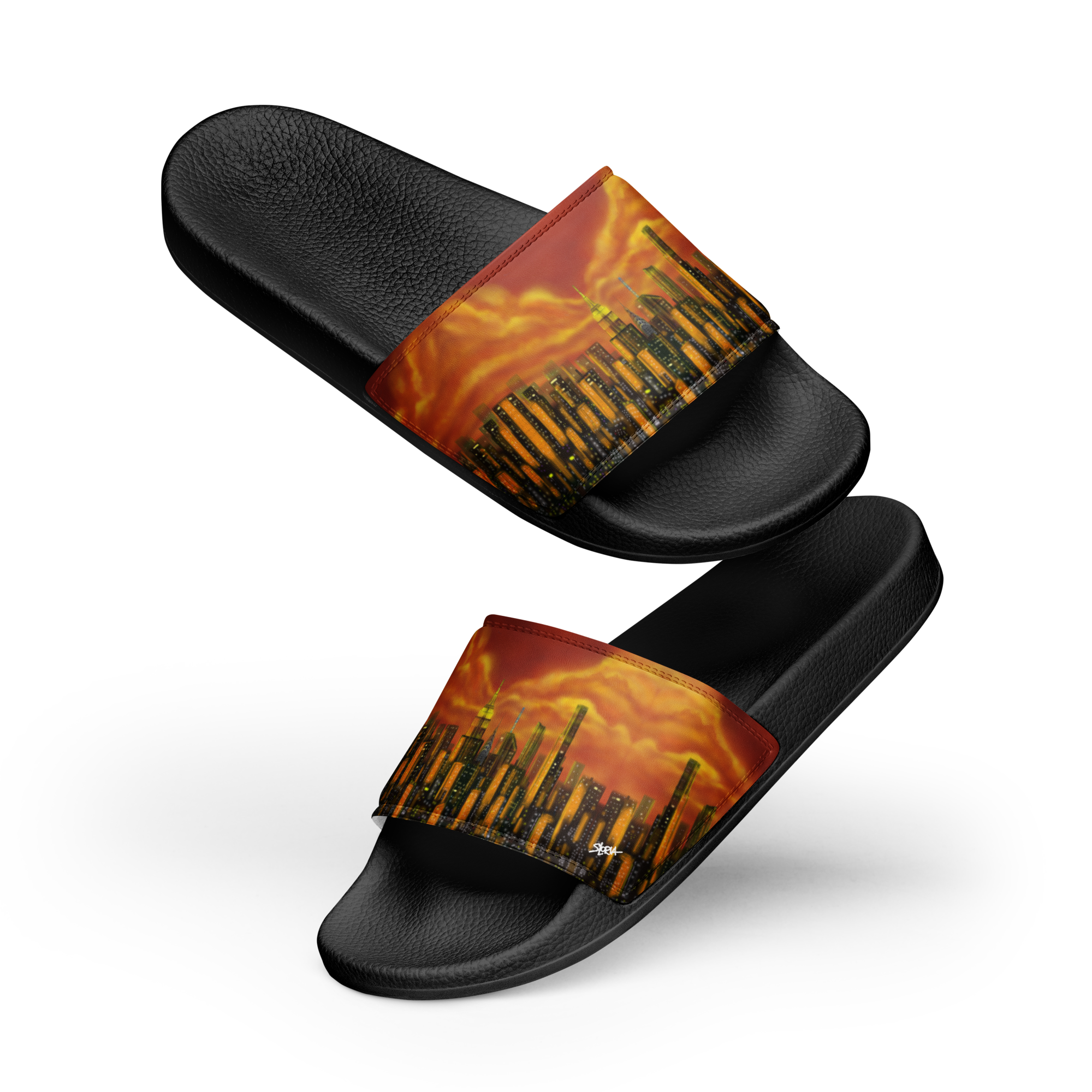 Black slides with fiery Loria NYC Art design on a white background