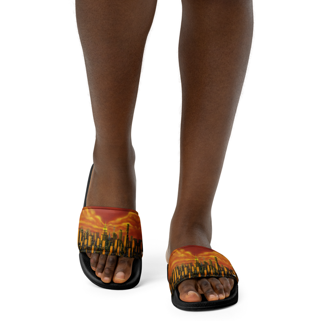 Person wearing sandals with a vibrant Loria NYC Art design on a white background