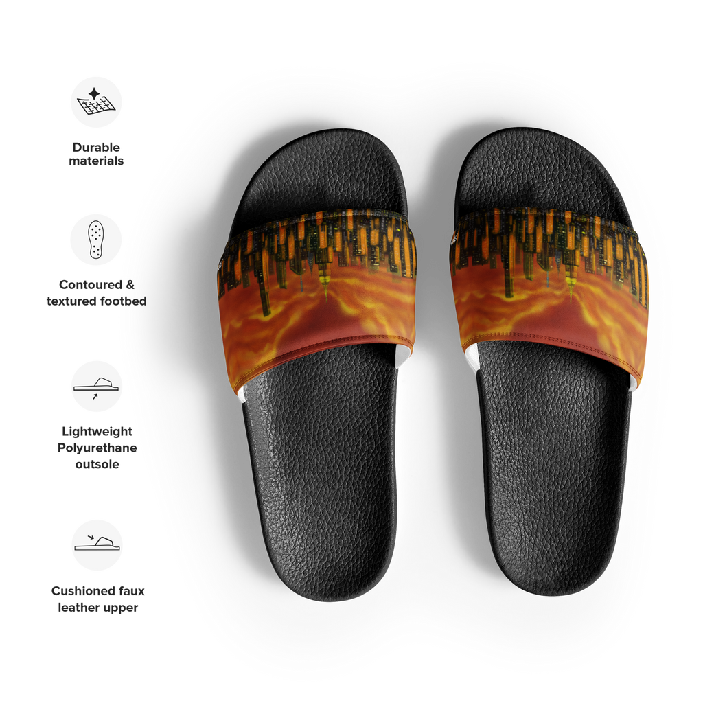 Black slides with Loria NYC Art skyline sunset straps on a white background