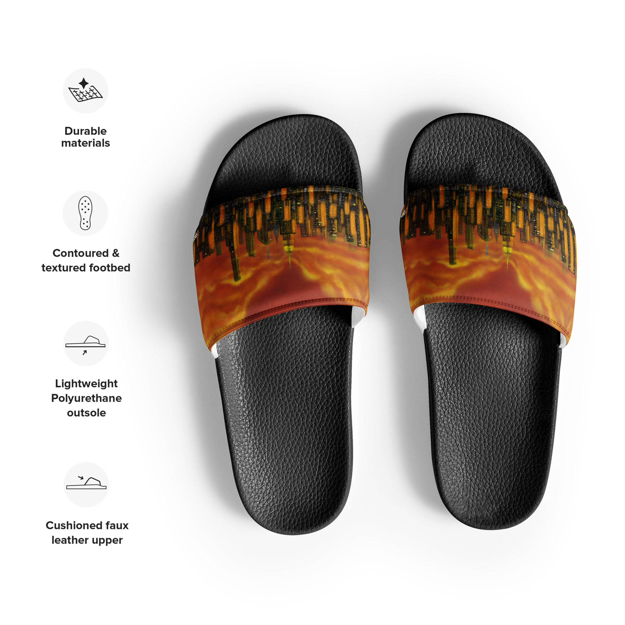 Black slides with Loria NYC Art skyline sunset straps on a white background