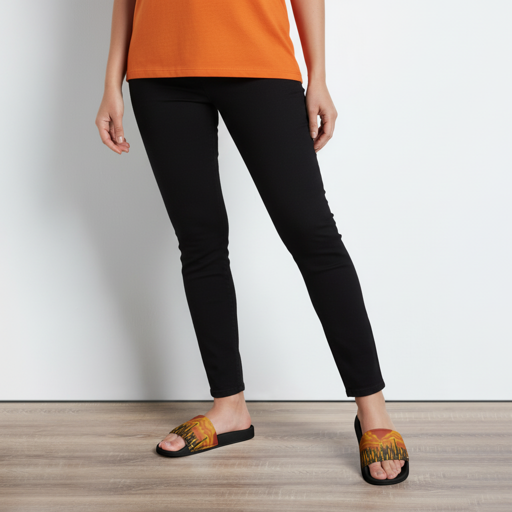 Person wearing white pants and Loria NYC Art sandals on a wooden floor.