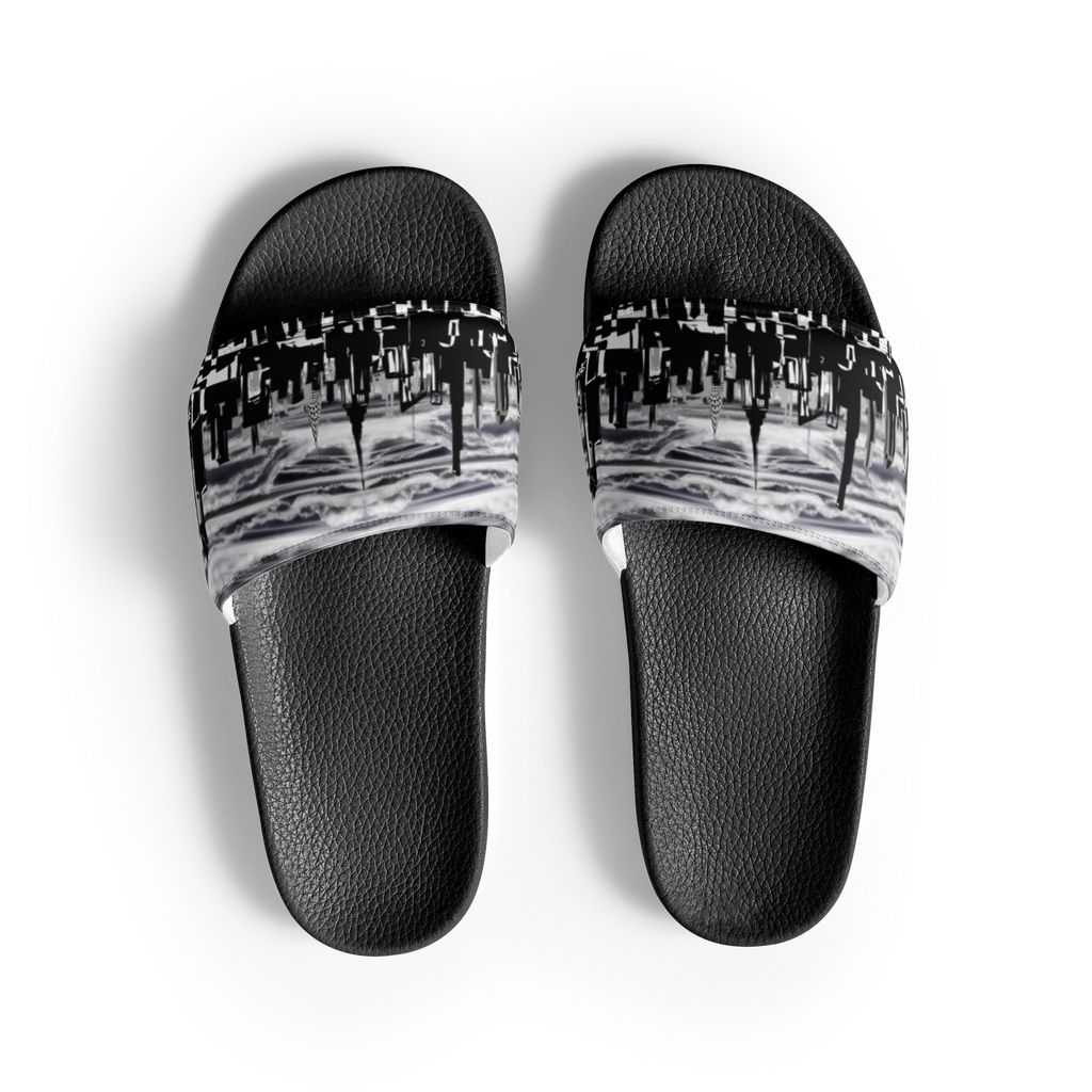 Black slide sandals with a Loria NYC Art cityscape design on a white background