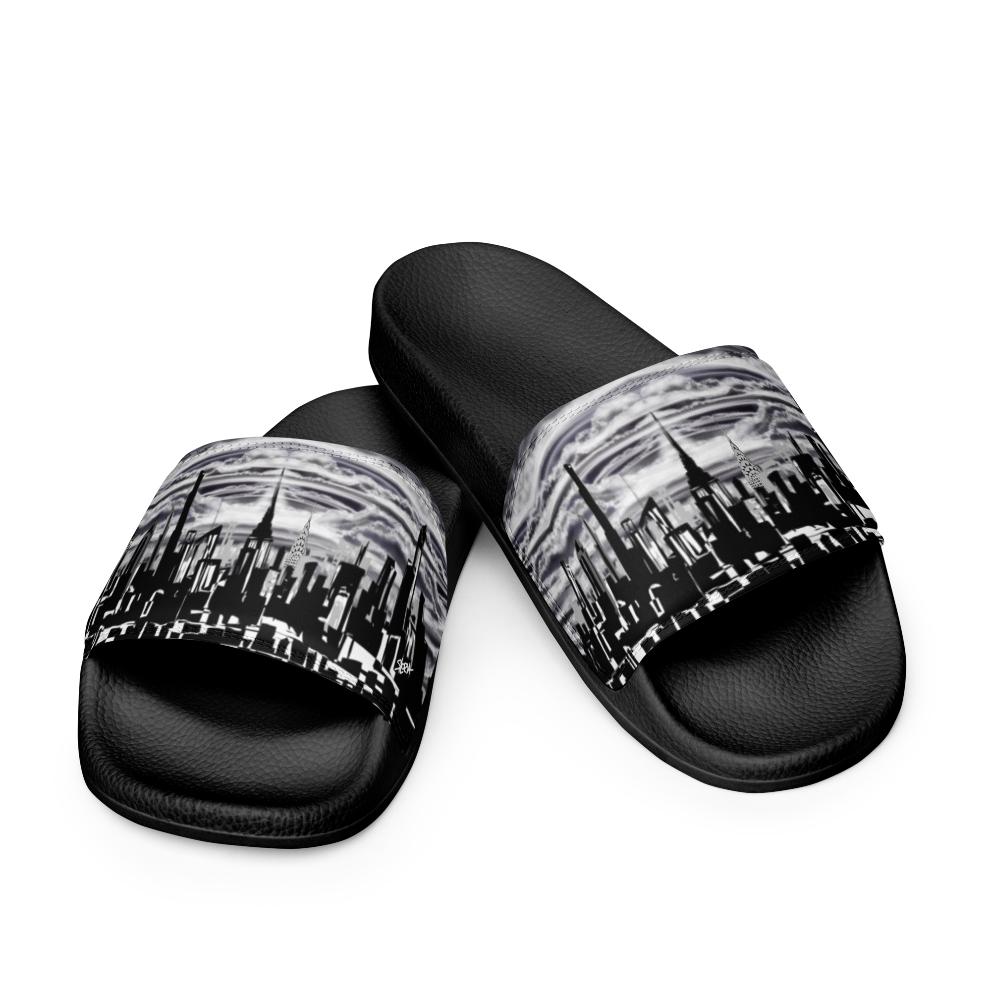 Black slides with cityscape Loria NYC Art design on a white background