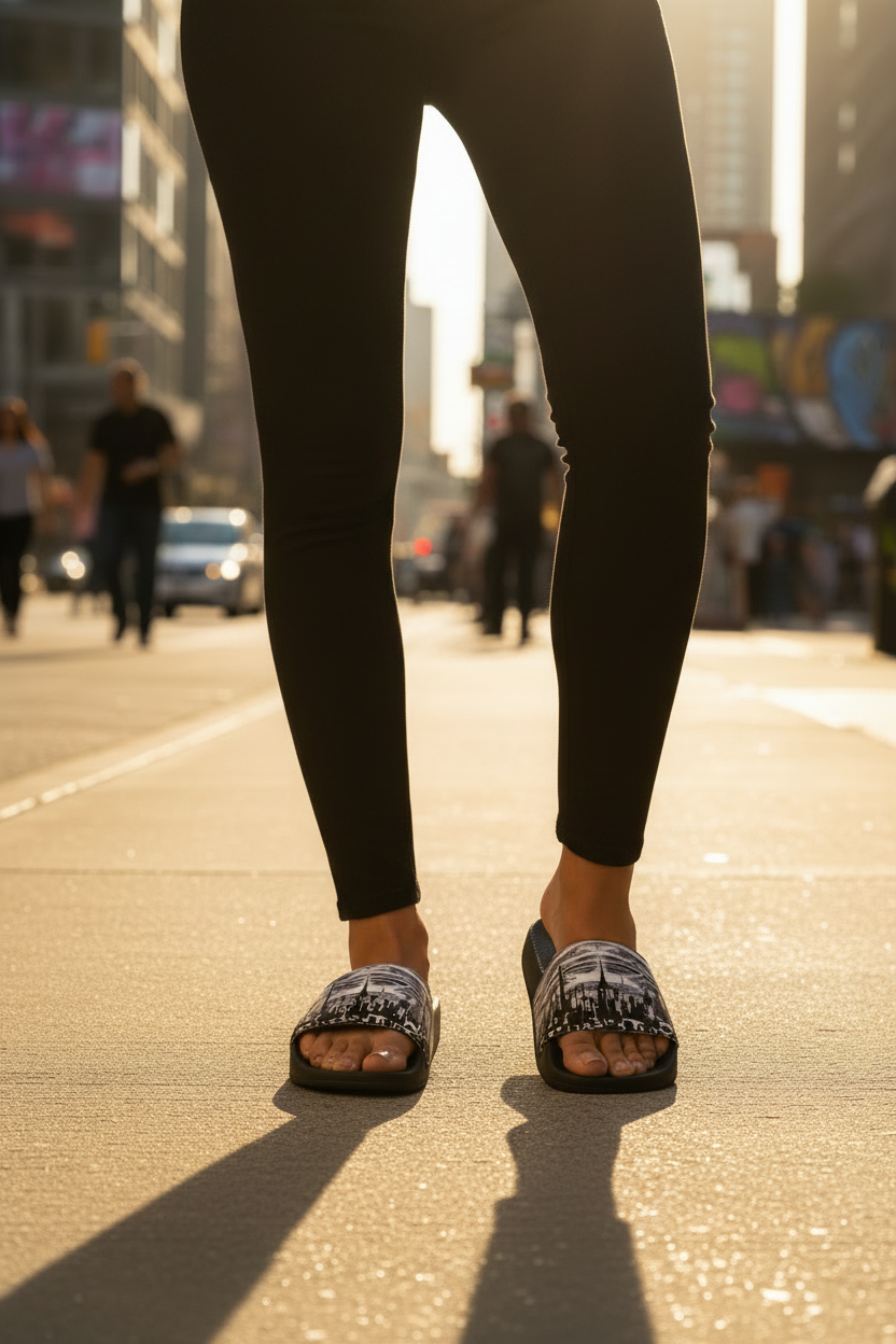 Women wearing black leggings and  Loria NYC Art sandals on a city street walking forward.