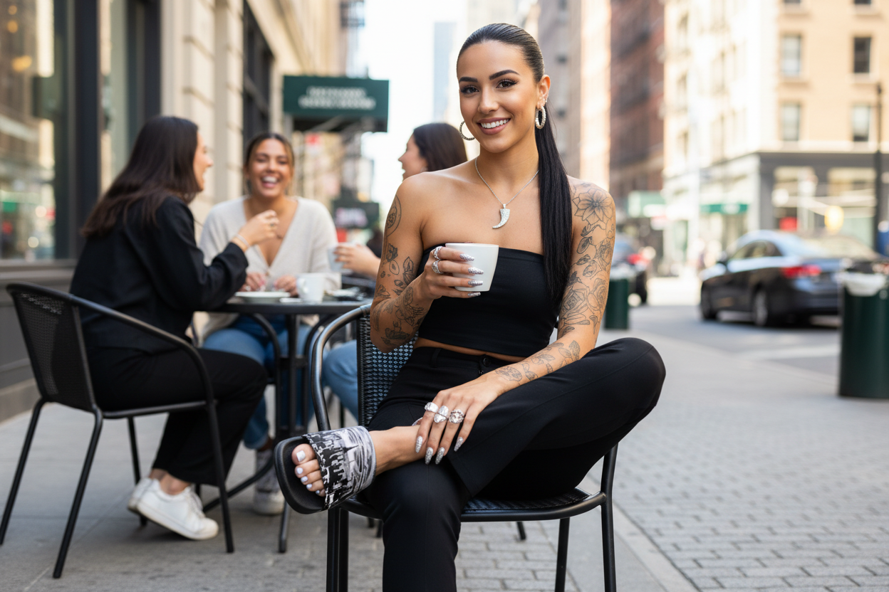 Woman wearing Loria NYC Art sandals sitting outdoors in an urban setting, holding a coffee cup.