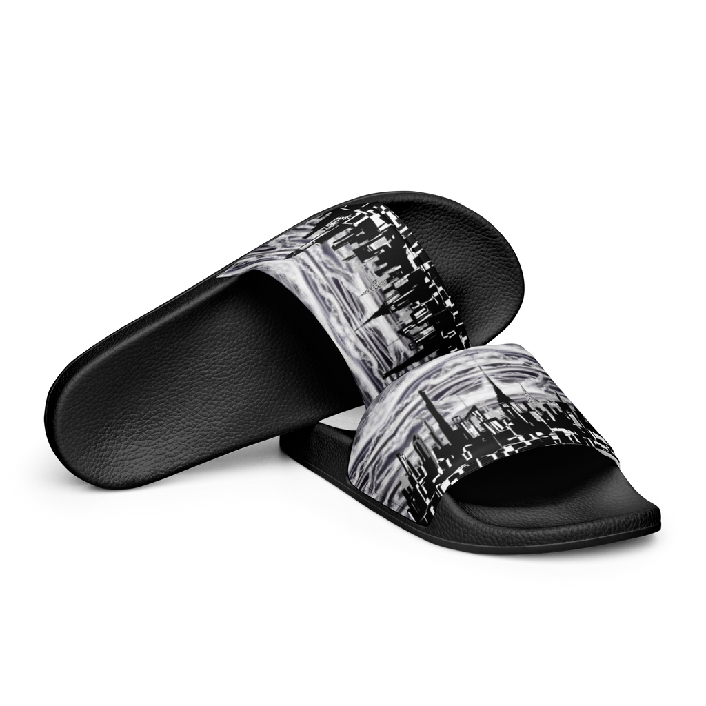 Black Loria NYC Art slide sandals with skyline design on a white background