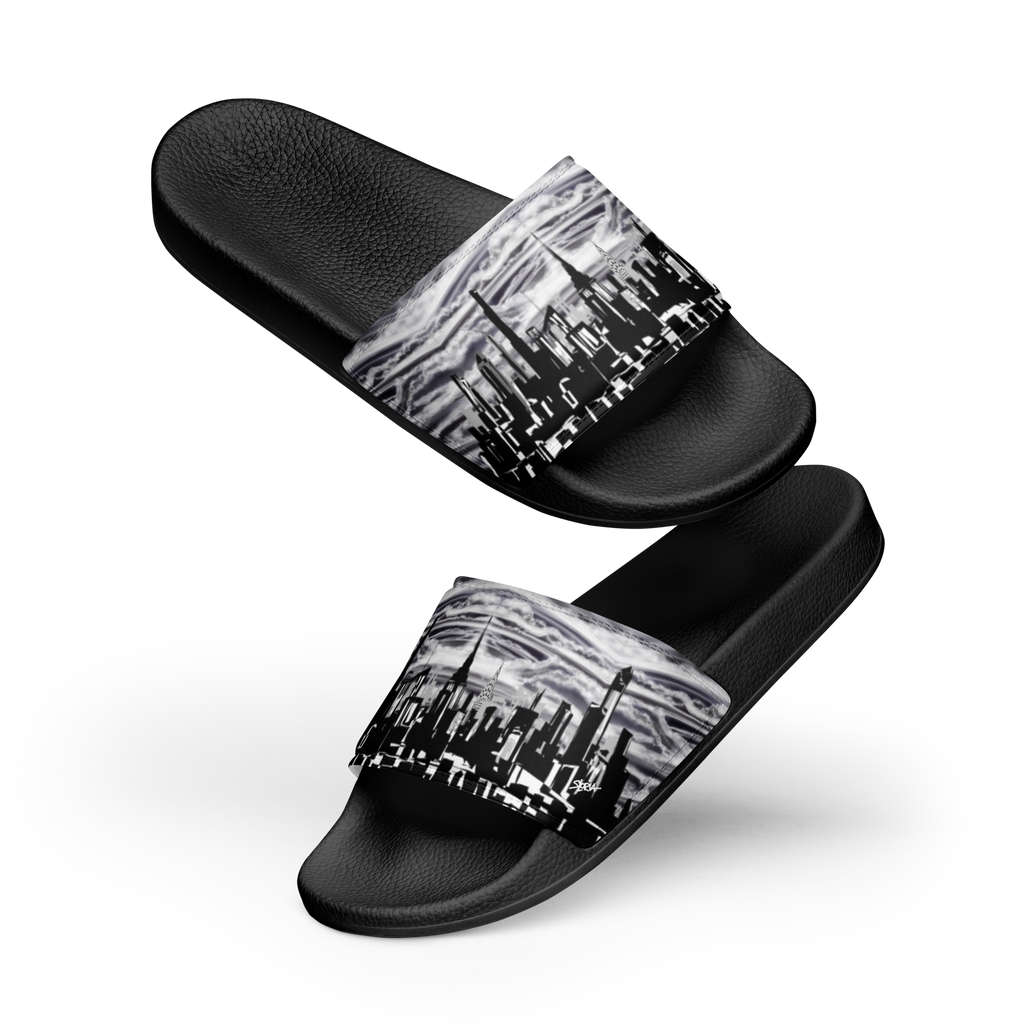 Black slides with white abstract Loria NYC Art on a white background