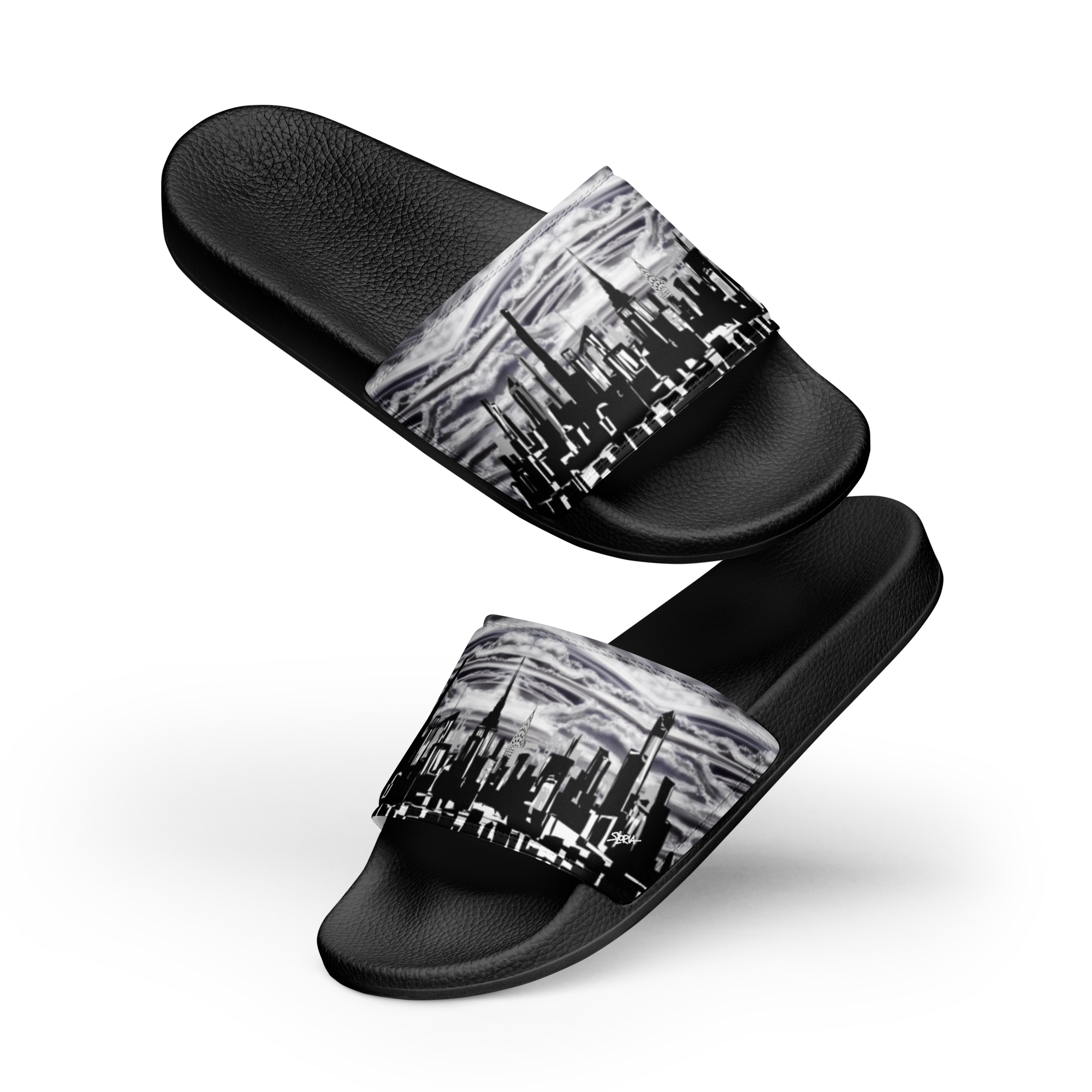 Black slides with white abstract Loria NYC Art on a white background