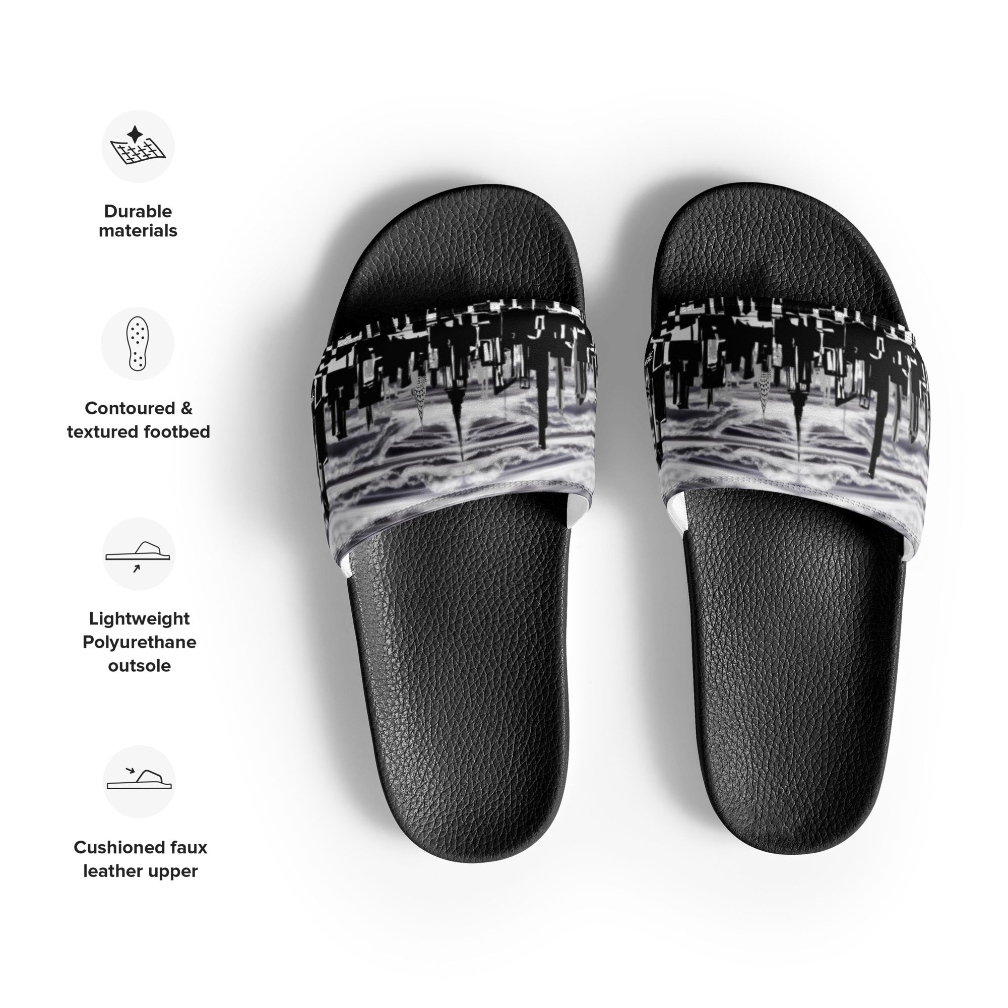 Black Loria NYC Art slide sandals with patterned straps on a white background, featuring durability and comfort attributes.