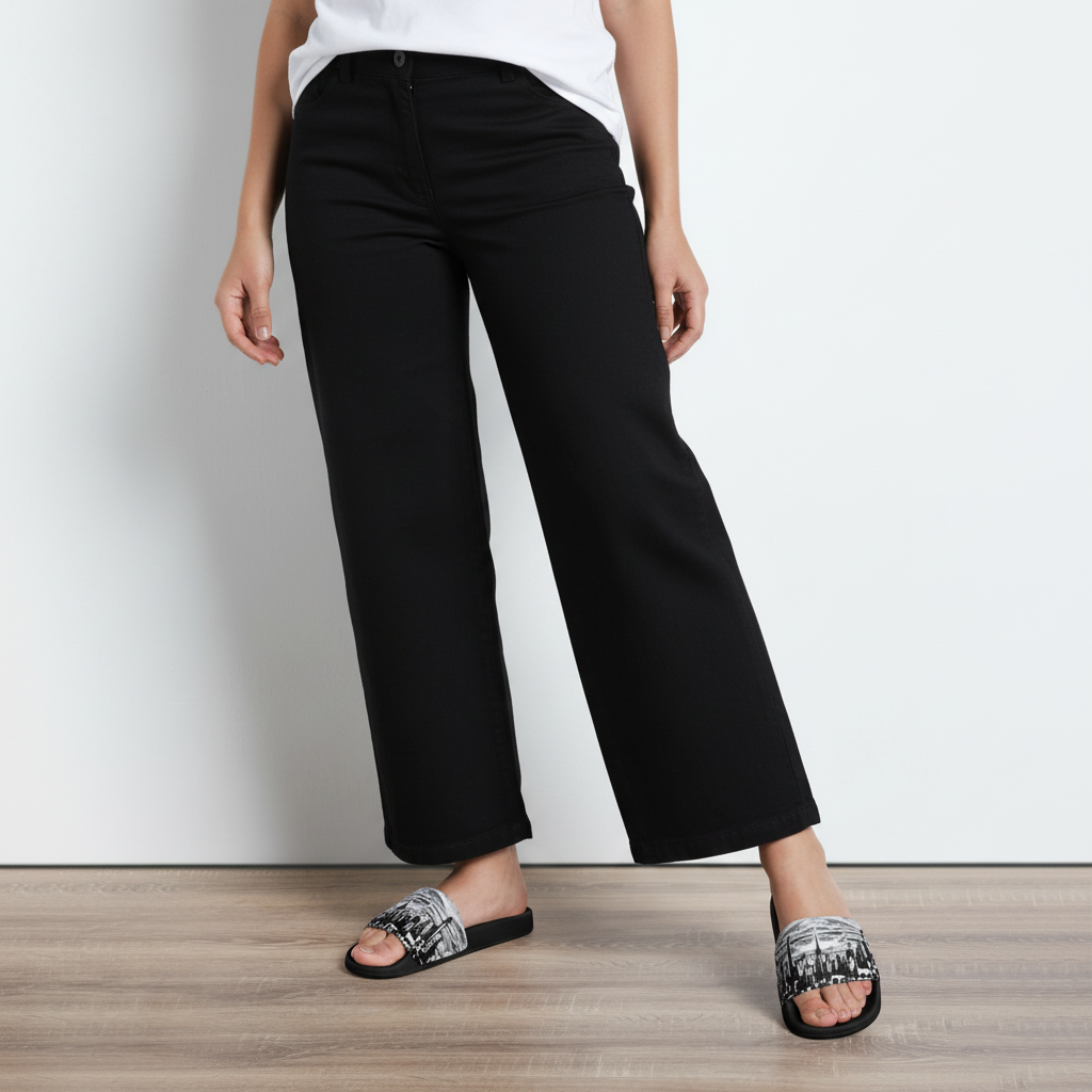 Person wearing white wide-leg pants and black Loria NYC Art slides with brand logos on a plain background