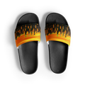 Black slide sandals with orange and yellow Loria NYC Art design on a white background