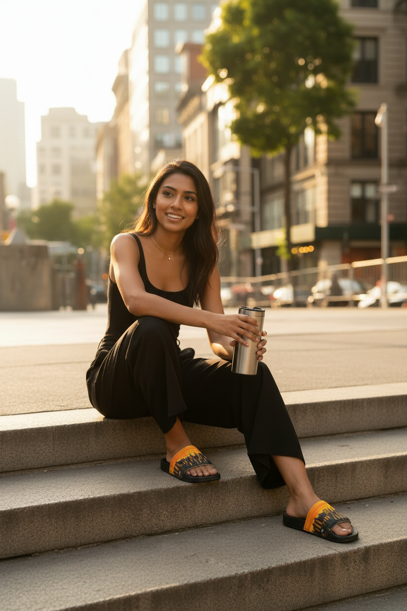 Person sitting on a step wearing black clothes and Loria NYC Art orange sandals.