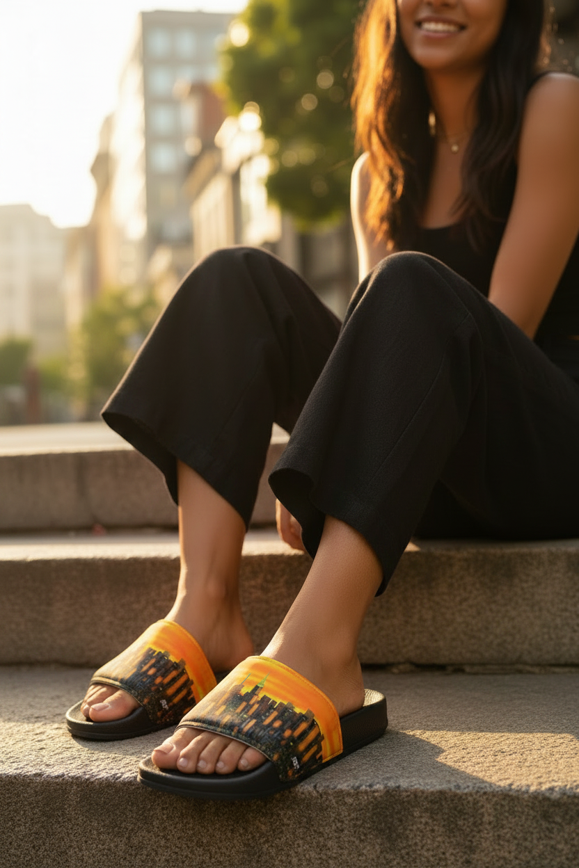 Person wearing black clothes and Loria NYC Art orange sandals sitting on a step.