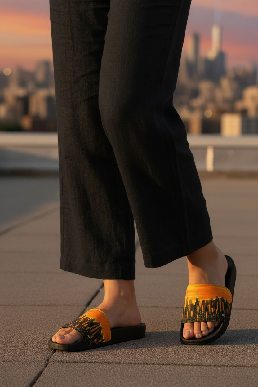 Person wearing black pants and orange Loria NYC Art  sandals standing on a roof.