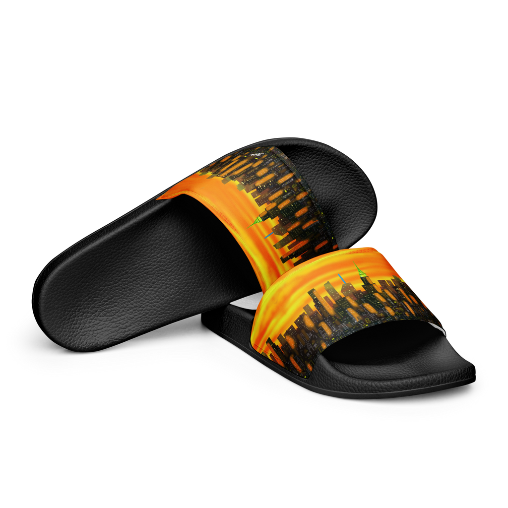 Black slides with orange and yellow Loria NYC Art design on a white background
