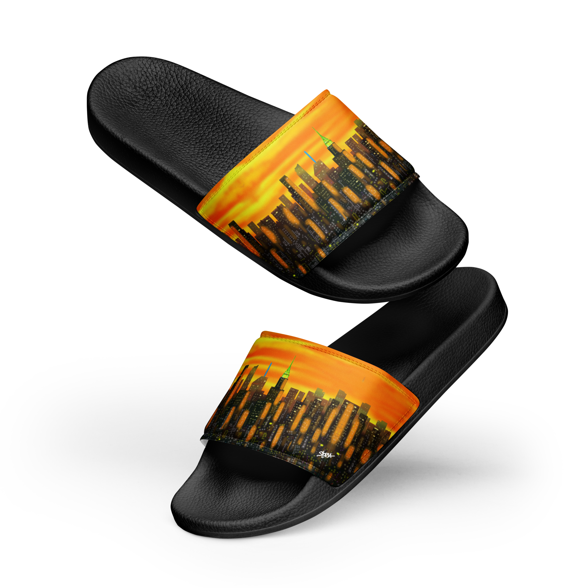 Black slides with orange and black Loria NYC Art design on a white background
