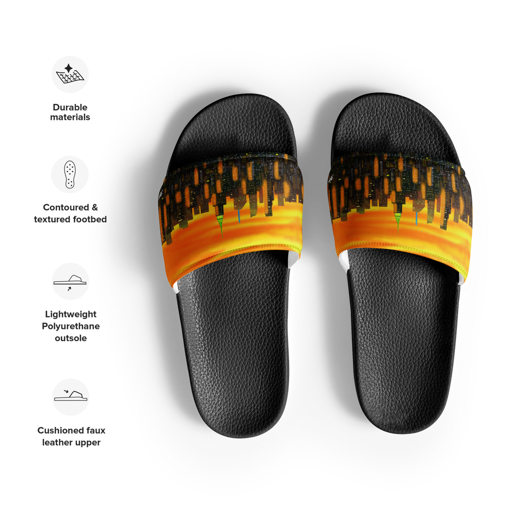 Black slides with orange and yellow Loria NYC Art design on a white background