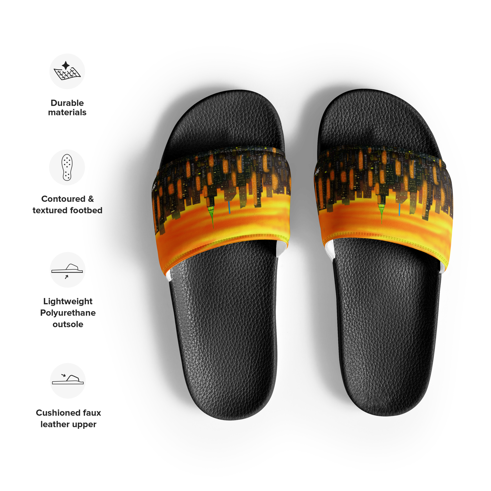 Black slides with orange and yellow Loria NYC Art design on a white background