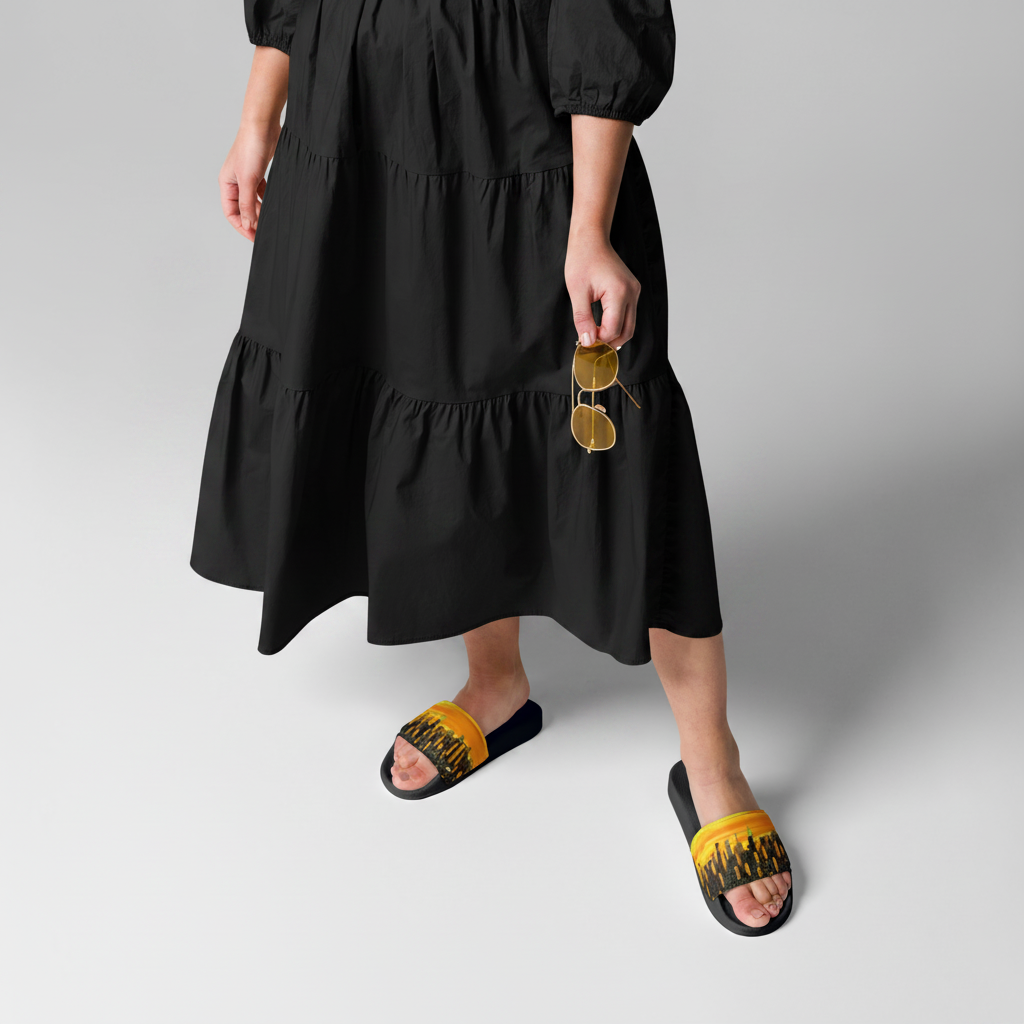 Person wearing a mustard yellow dress and black Loria NYC Art sandals with yellow soles on a gray background