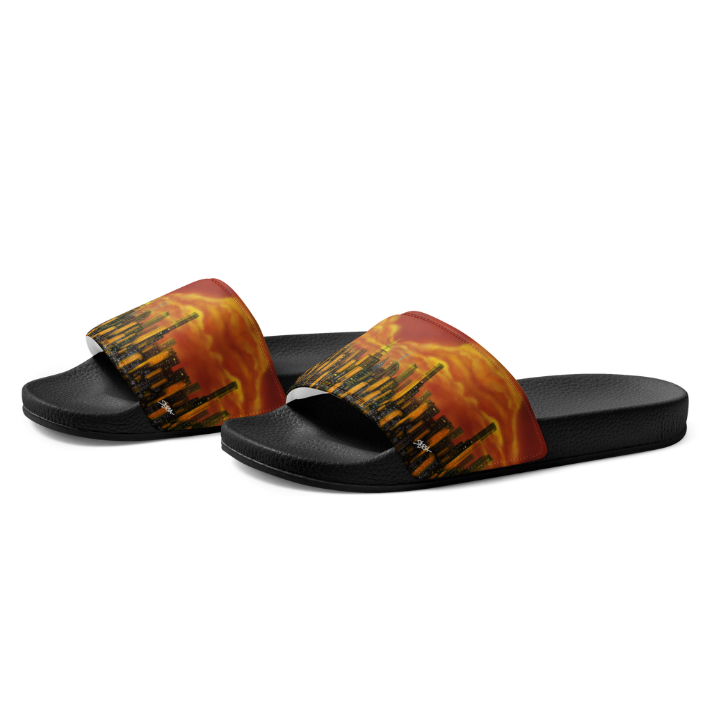 Pair of slides with a colorful flame Loria NYC Art on a white background