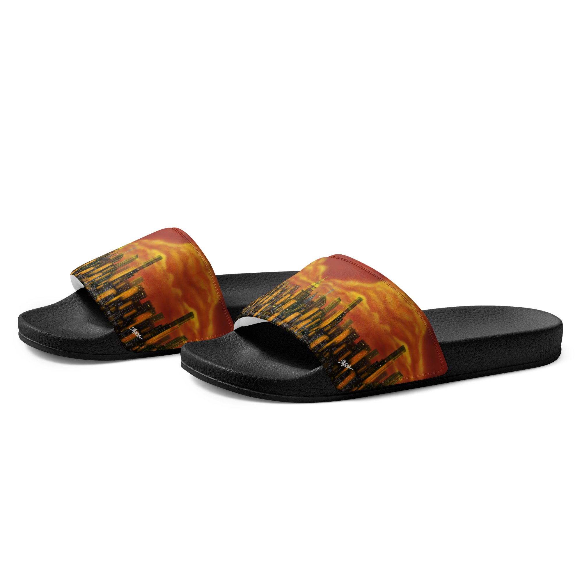 Pair of slides with a colorful flame Loria NYC Art on a white background