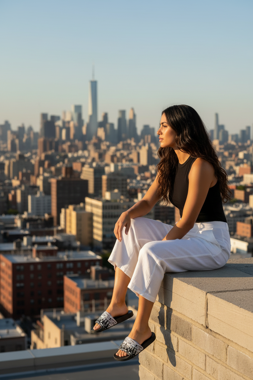 Women sitting on a ledge  wearing Loria NYC Art sandals with a city view of the skyline 