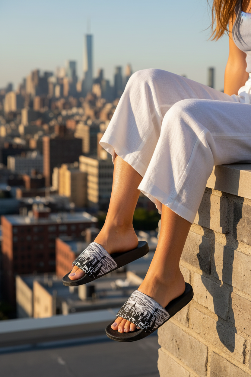 Women wearing  Loria NYC Art sandals sitting on a ledge with a city view.