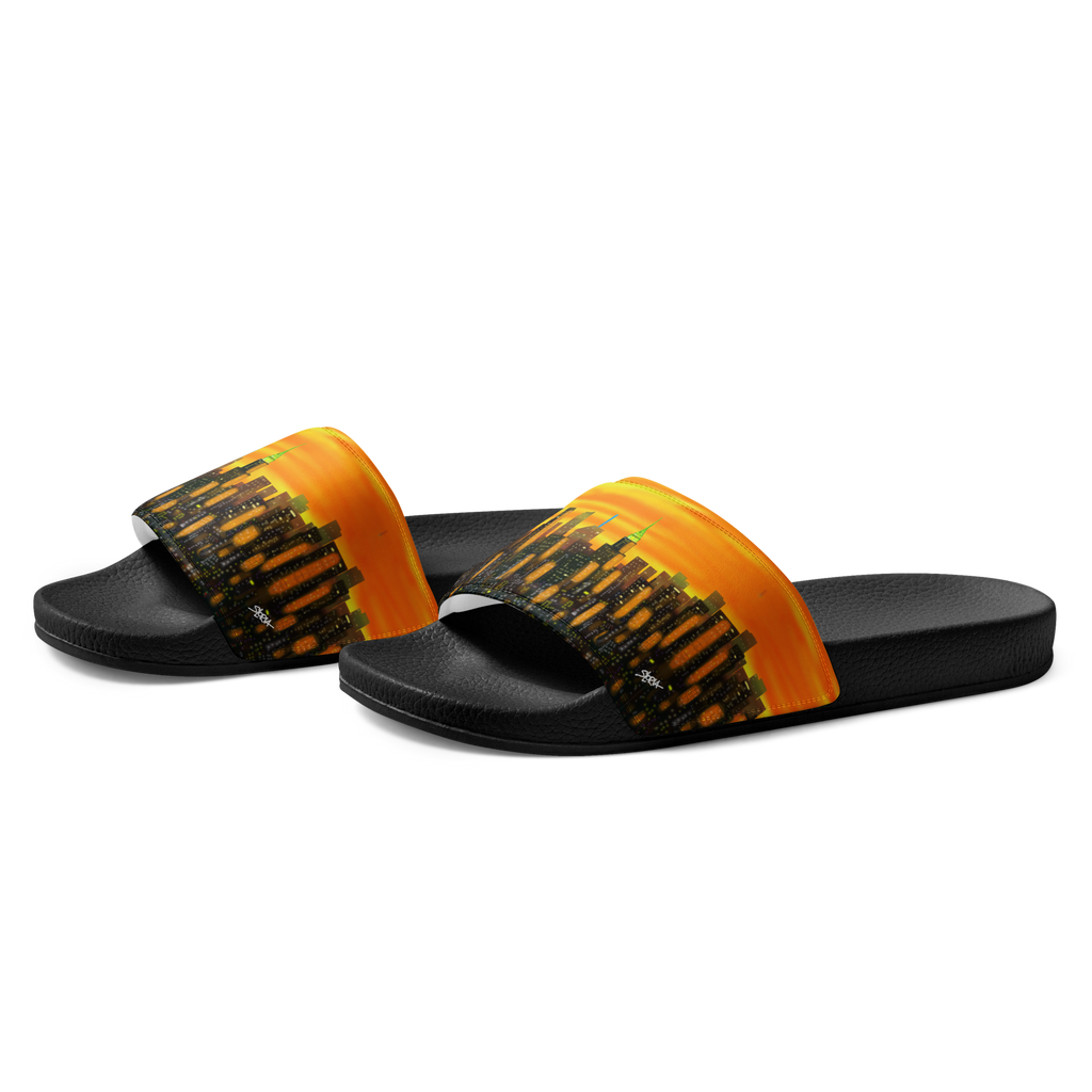 Black and orange Loria NYC Art slide sandals on a white background