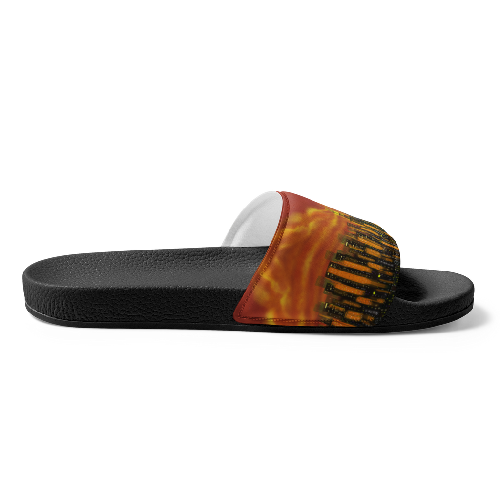 Black slide sandal with a colorful fish Loria NYC Art design on a white background
