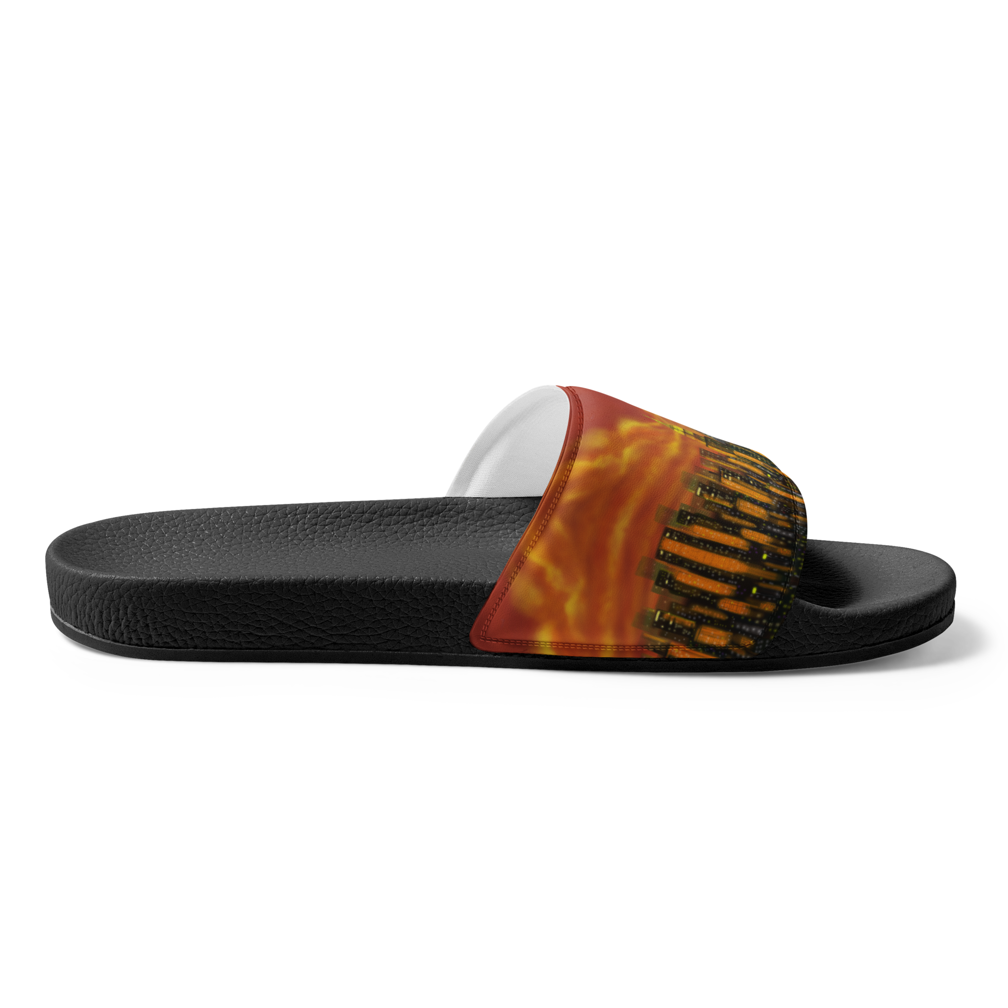 Black slide sandal with a colorful fish Loria NYC Art design on a white background