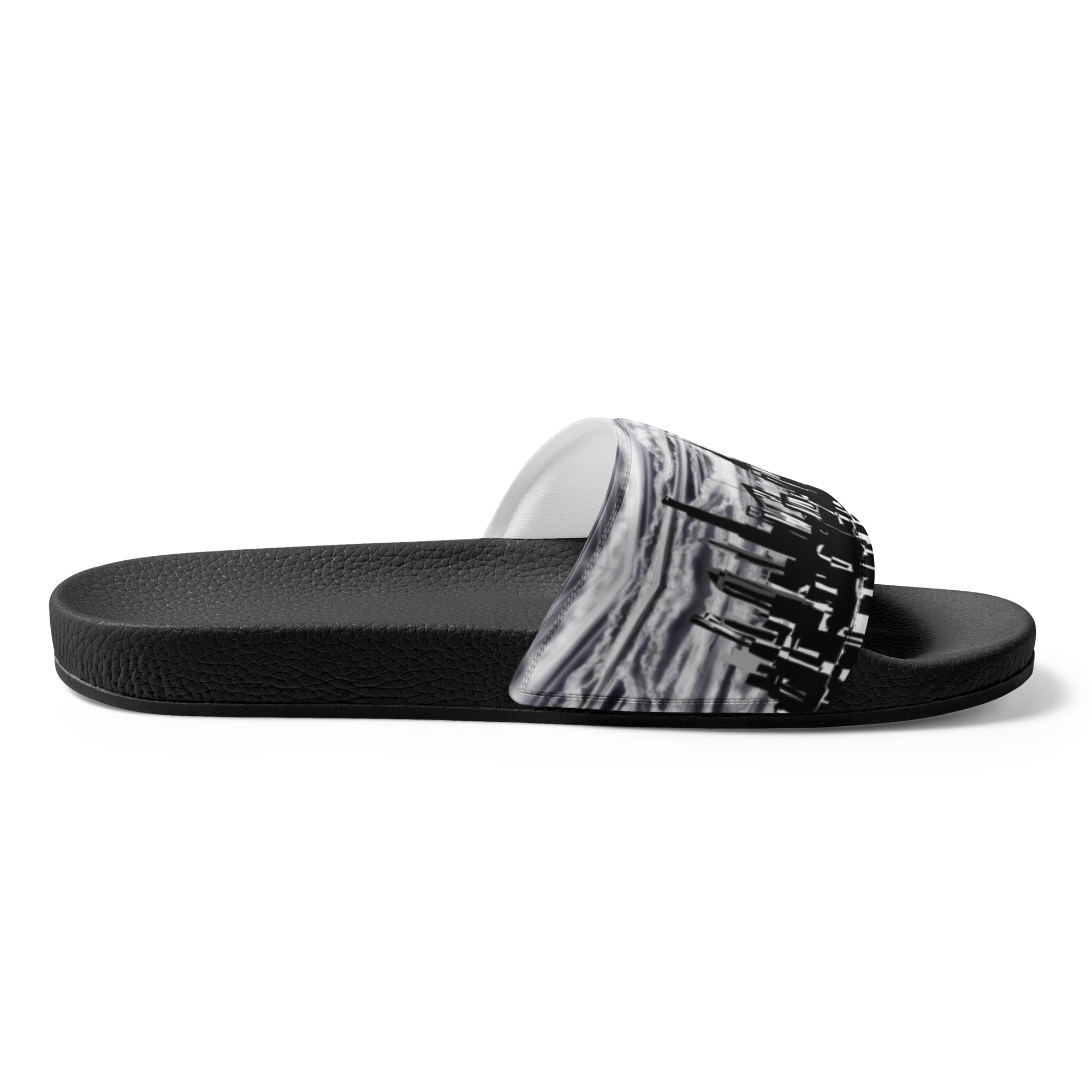 Black slide Loria NYC Art sandal with a patterned strap on a white background
