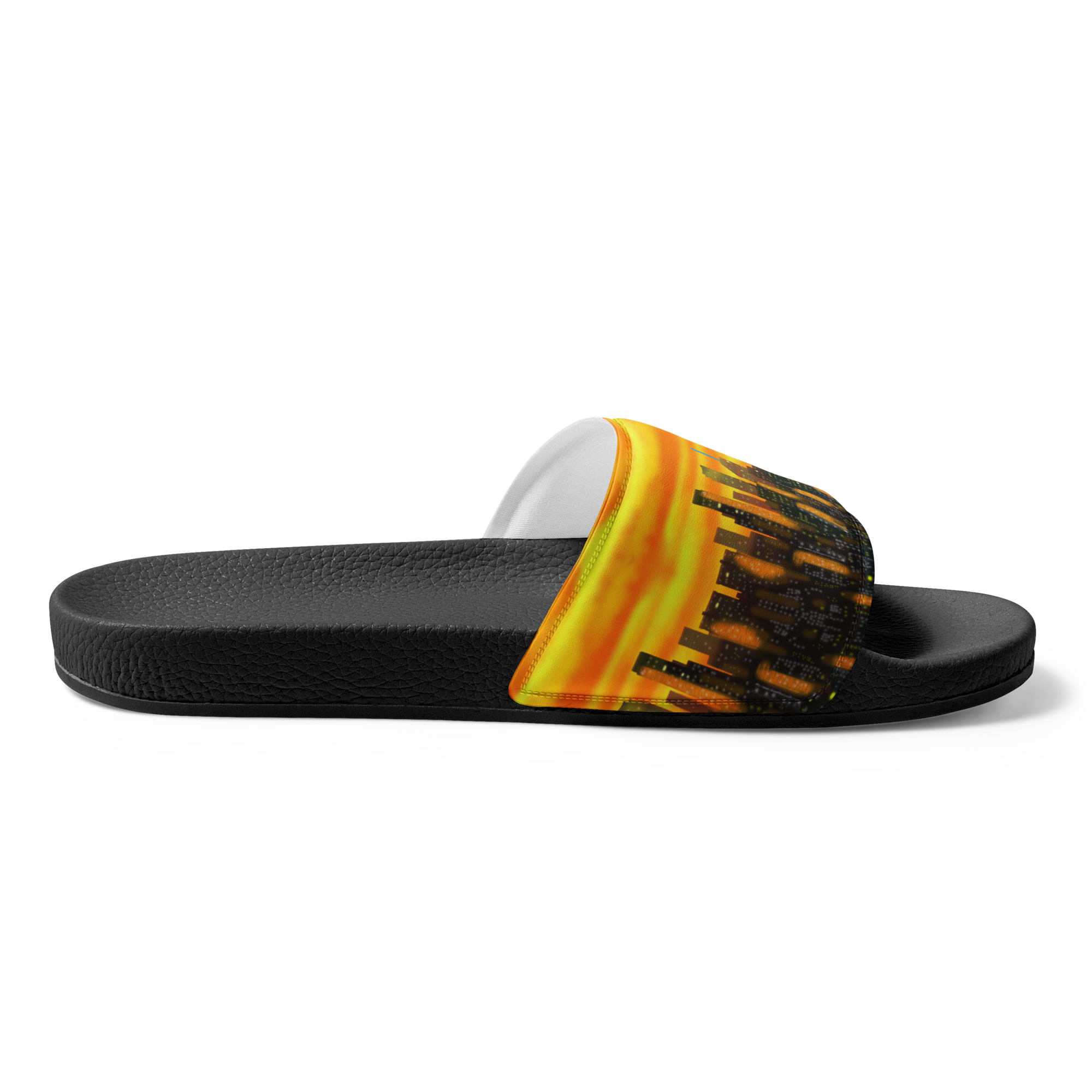 Black Loria NYC Art slide sandal with a colorful strap on a white background