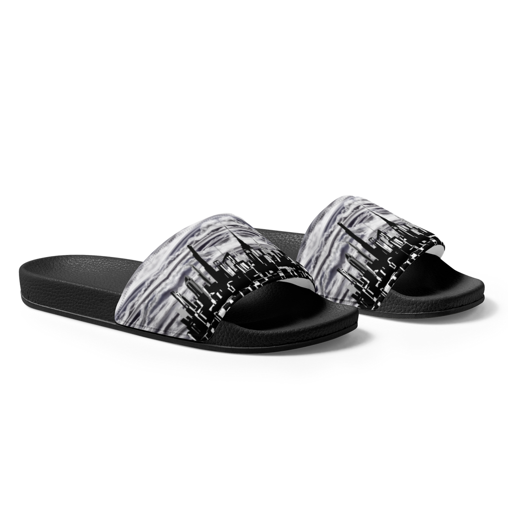 Black and white slide Loria NYC Art sandals on a white background