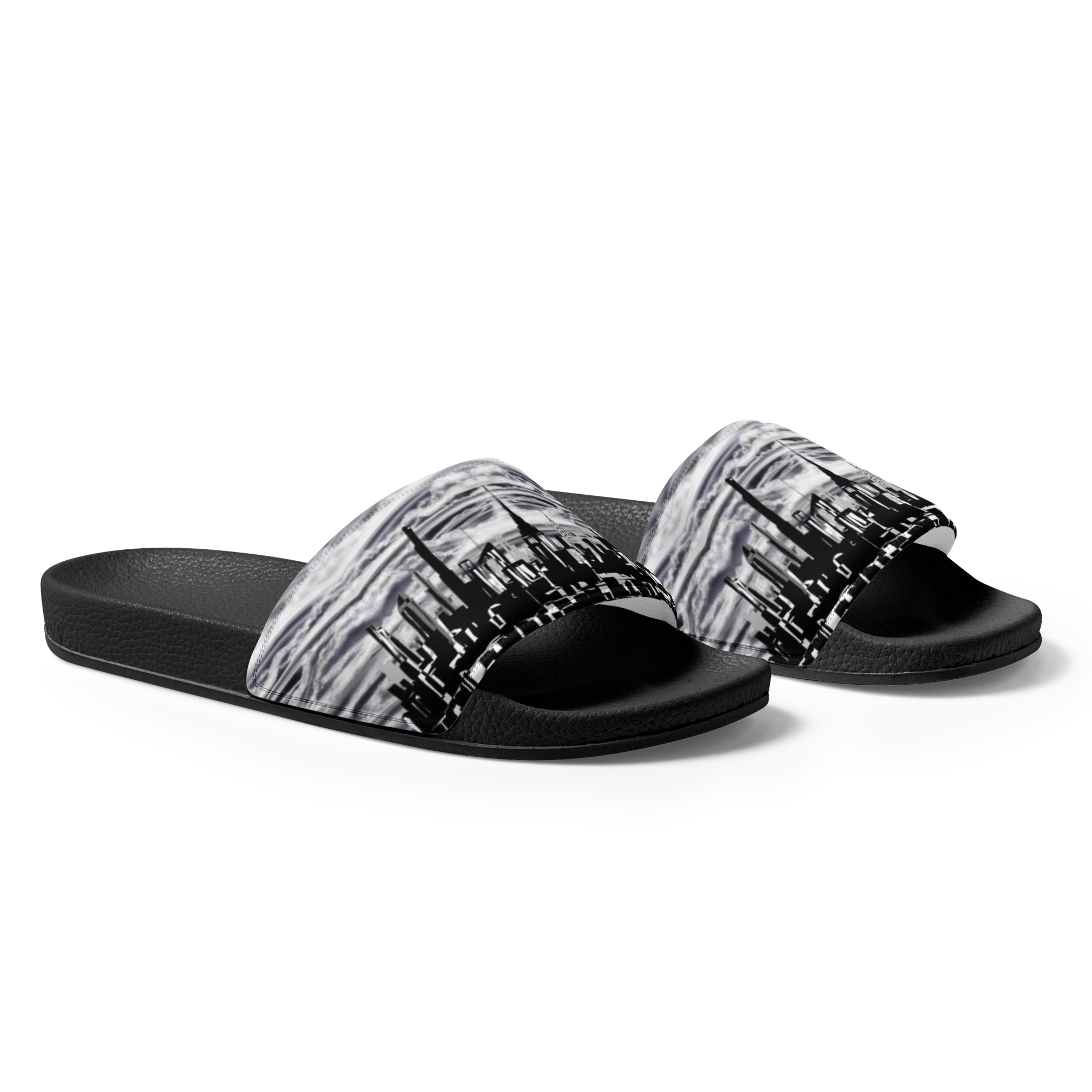 Black and white slide Loria NYC Art sandals on a white background