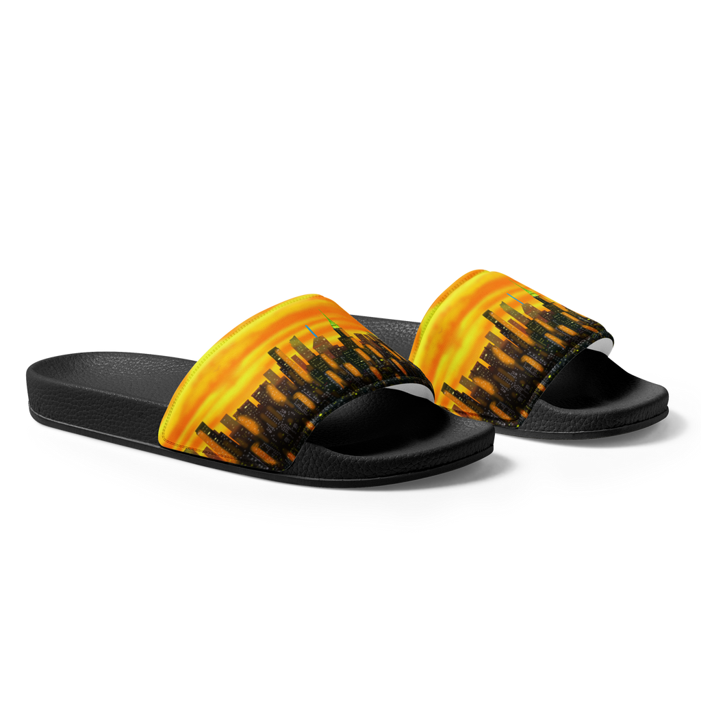 Black and yellow slide Loria NYC Art sandals on a white background