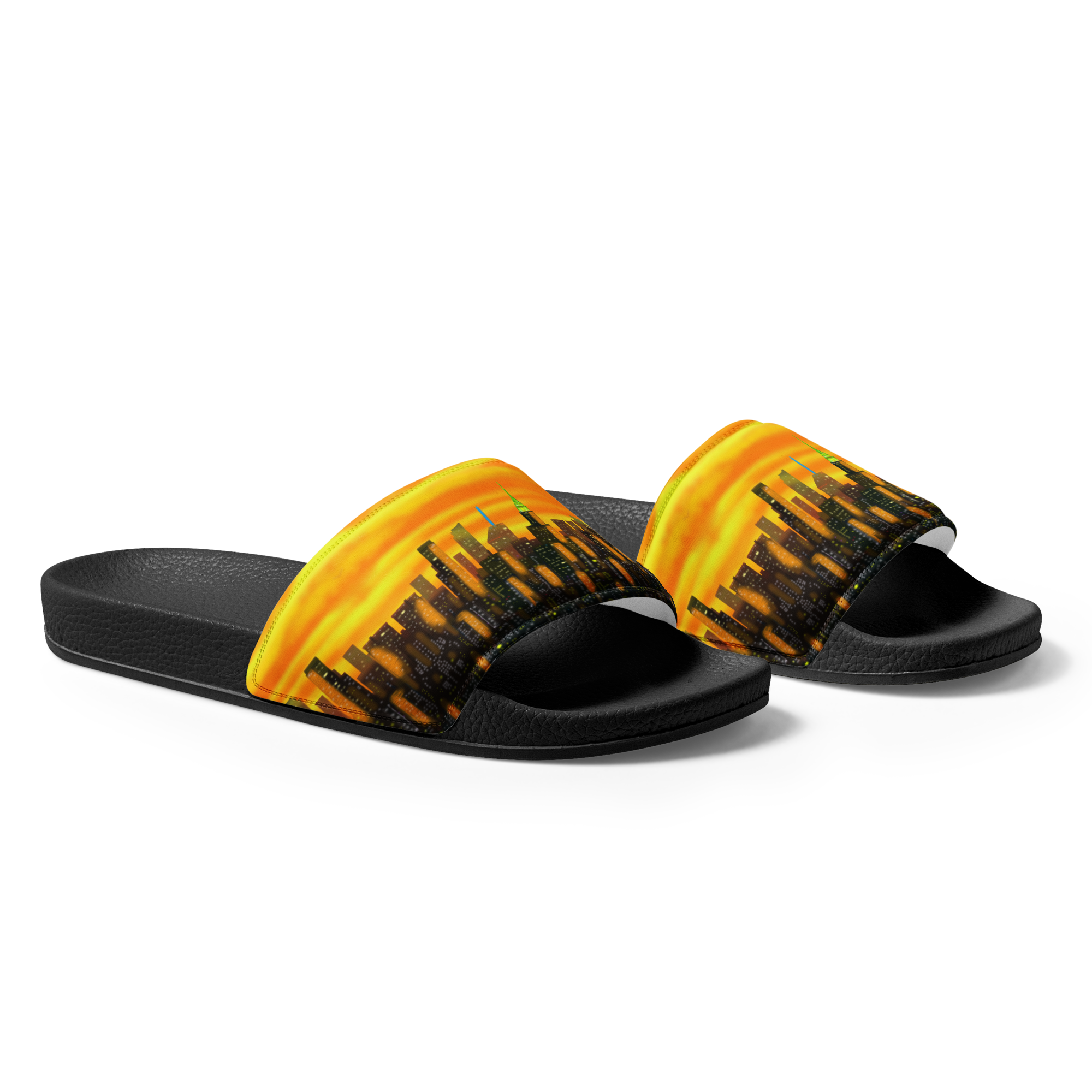 Black and yellow slide Loria NYC Art sandals on a white background
