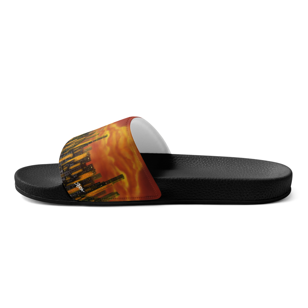 Black slide sandal with a colorful sole Loria NYC Art design on a white background