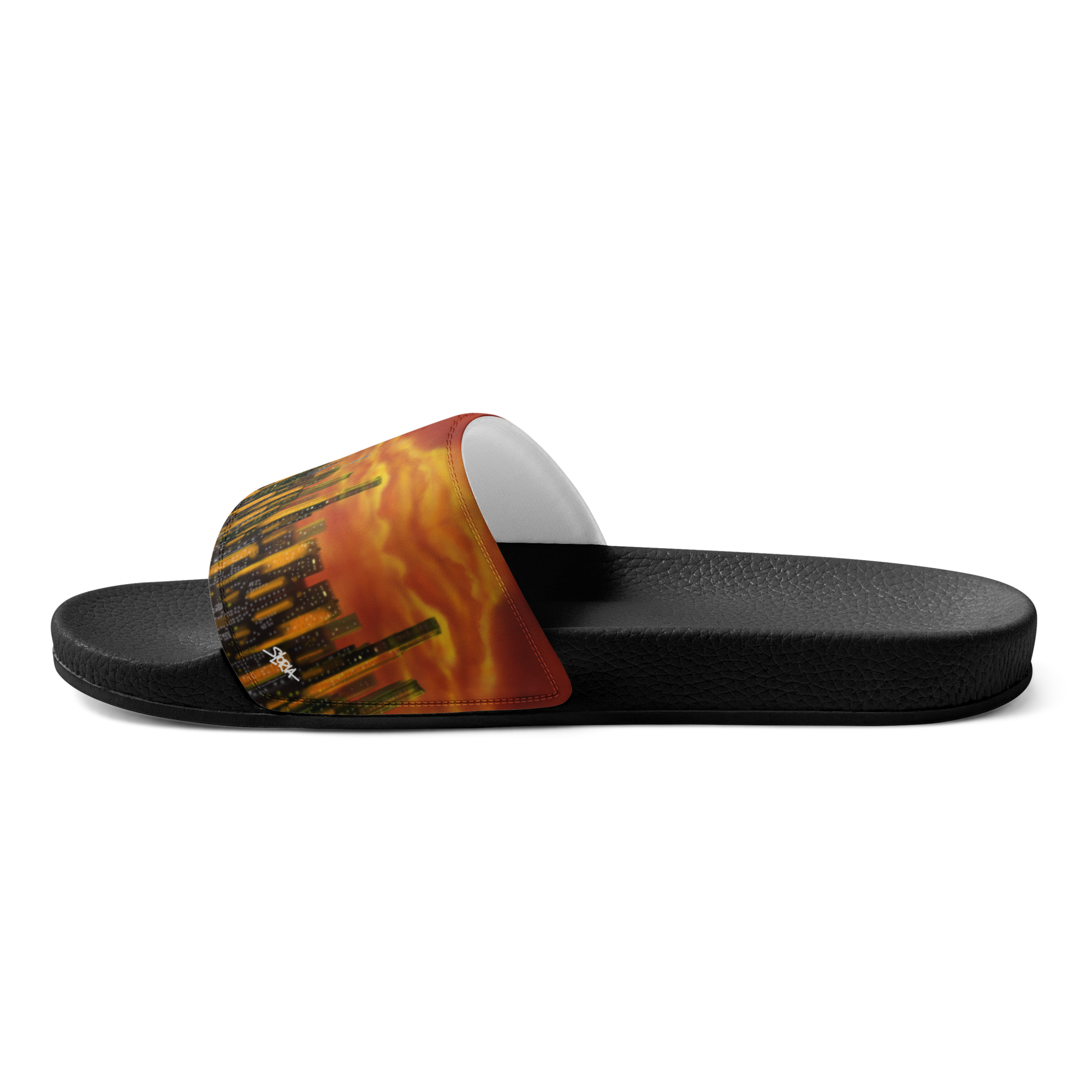 Black slide sandal with a colorful sole Loria NYC Art design on a white background