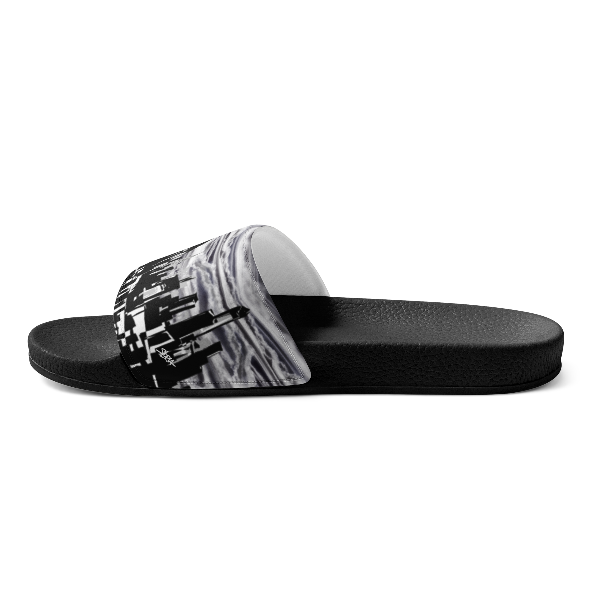Black slide Loria NYC Art sandal with a patterned strap on a white background
